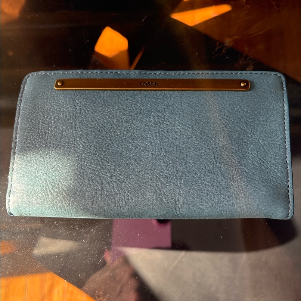 Fossil Light Blue Leather Wallet with Gold Accent